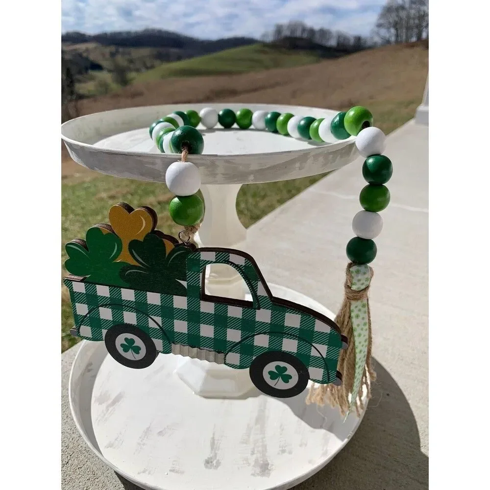 St Patrick’s Day Truck Tiered Tray Decor, St Patrick’s Day Beaded Garland Decor